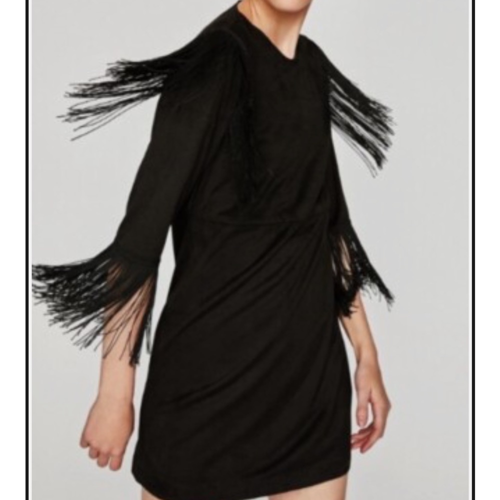 Zara Black Fringe-Sleeve Mini Dress XS